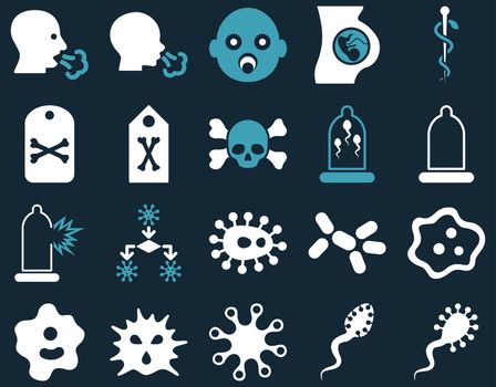 Medical icon set. Style: bicolor icons drawn with blue and white colors on a dark blue background.