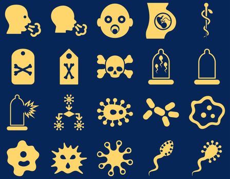 Medical icon set. Style: icons drawn with yellow color on a blue background.