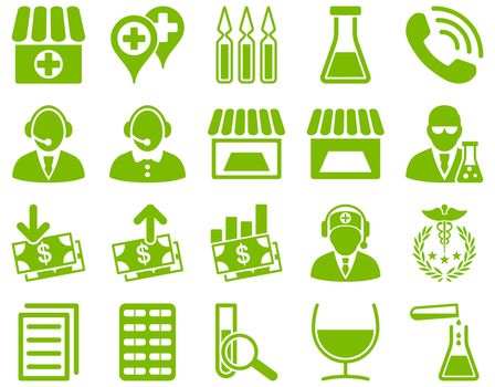 Medical icon set. Style: icons drawn with eco green color on a white background.