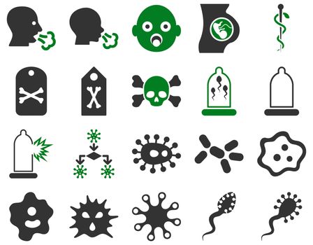 Medical icon set. Style: bicolor icons drawn with green and gray colors on a white background.