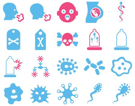 Medical icon set. Style: bicolor icons drawn with pink and blue colors on a white background.