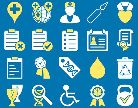 Medical icon set. Style: bicolor icons drawn with yellow and white colors on a blue background.