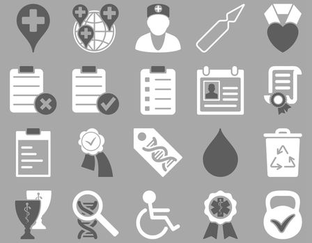 Medical icon set. Style: bicolor icons drawn with dark gray and white colors on a gray background.