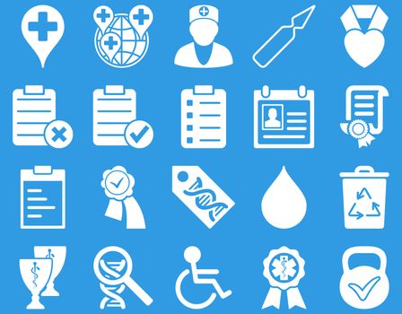 Medical icon set. Style: icons drawn with white color on a blue background.