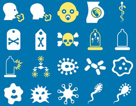 Medical icon set. Style: bicolor icons drawn with yellow and white colors on a blue background.