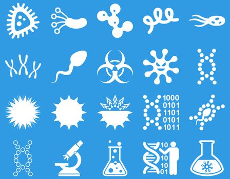 Medical icon set. Style: icons drawn with white color on a blue background.