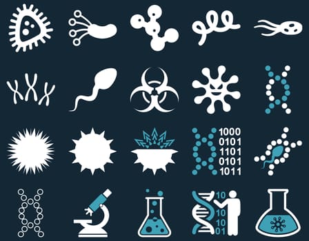 Medical icon set. Style: bicolor icons drawn with blue and white colors on a dark blue background.