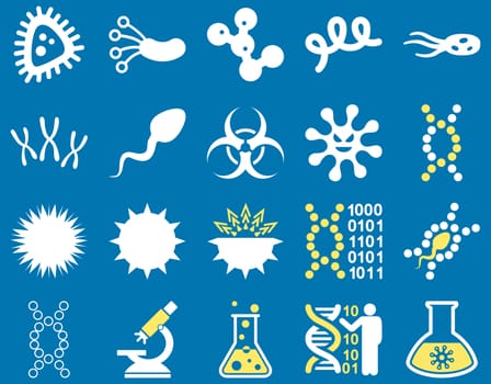 Medical icon set. Style: bicolor icons drawn with yellow and white colors on a blue background.