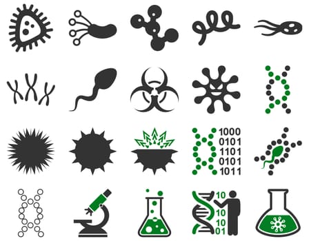 Medical icon set. Style: bicolor icons drawn with green and gray colors on a white background.