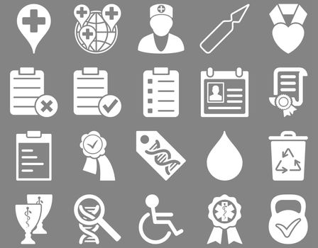 Medical icon set. Style: icons drawn with white color on a gray background.