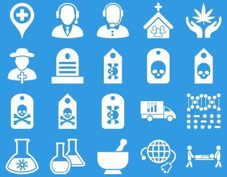 Medical icon set. Style: icons drawn with white color on a blue background.