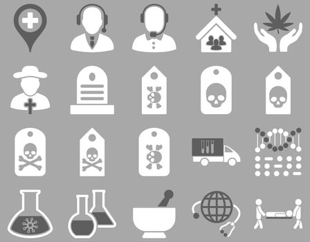 Medical icon set. Style: bicolor icons drawn with dark gray and white colors on a gray background.