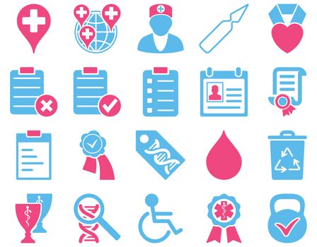 Medical icon set. Style: bicolor icons drawn with pink and blue colors on a white background.