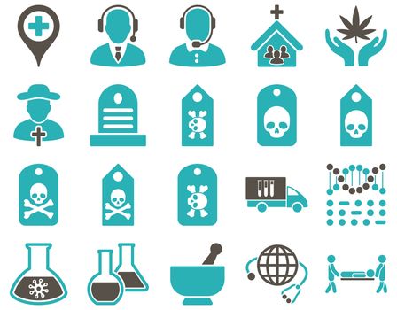 Medical icon set. Style: bicolor icons drawn with grey and cyan colors on a white background.