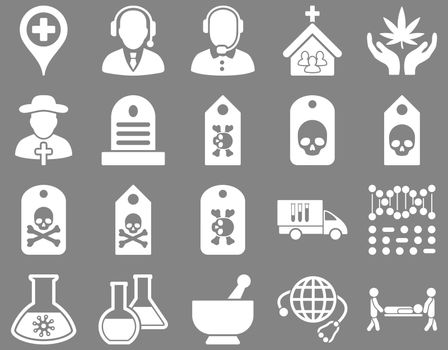 Medical icon set. Style: icons drawn with white color on a gray background.