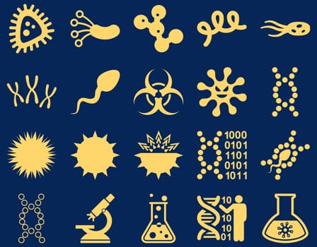 Medical icon set. Style: icons drawn with yellow color on a blue background.