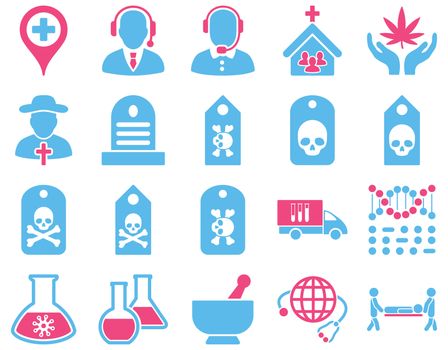 Medical icon set. Style: bicolor icons drawn with pink and blue colors on a white background.