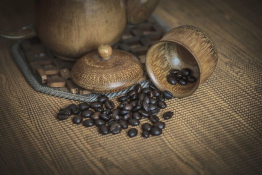 Vintage photo of coffee beans and Coffee cups set on wooden background.Vintage style.