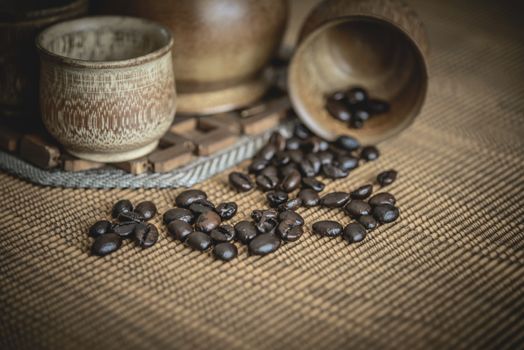 Vintage photo of coffee beans and Coffee cups set on wooden background.Vintage style.