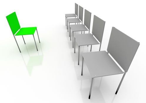 Illustration of leadership in the company. One green and four grey chair.