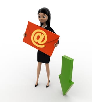 3d woman with down arrow to show download and email message in hand concept on white background, side angle view