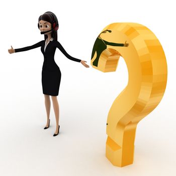 3d woman with headphone and golden question mark concept on white background, right side angle view