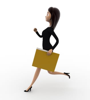 3d woman running with work file folder concept on white background,  side angle view