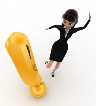 3d woman kick golden exclamation mark concept on white background, top angle view