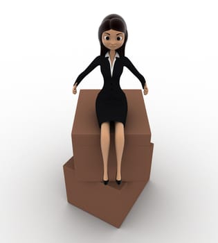 3d woman sitting on boxes concept on white background, front angle view