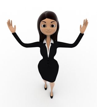 3d woman standing hands up in air and look above concept on white background, front angle view