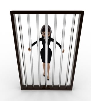 3d woman in jail holding bars concept on white background,  top angle view