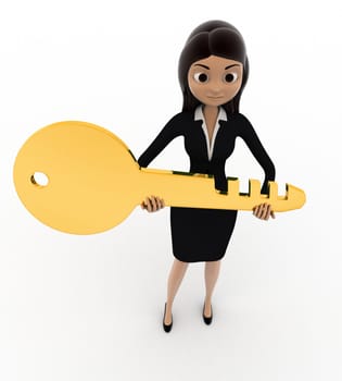 3d woman holding golden key in hand concept on white background, top  angle view