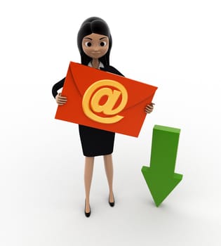 3d woman with down arrow to show download and email message in hand concept on white background, front angle view