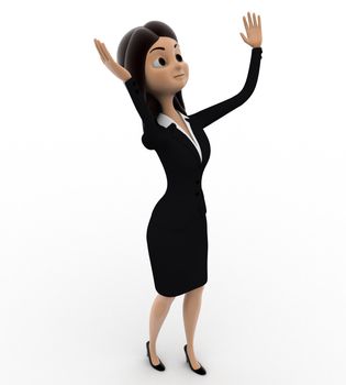 3d woman standing hands up in air and look above concept on white background,  side angle view