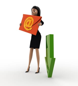 3d woman with down arrow to show download and email message in hand concept on white background, side angle view