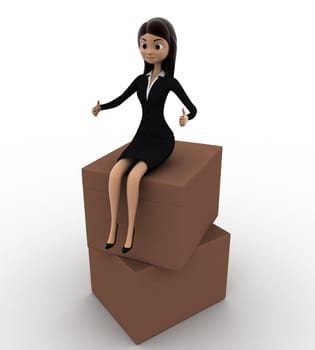 3d woman sitting on boxes concept on white background, side angle view