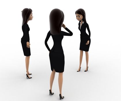 3d women group discuss on important topic concept on white background, side angle view