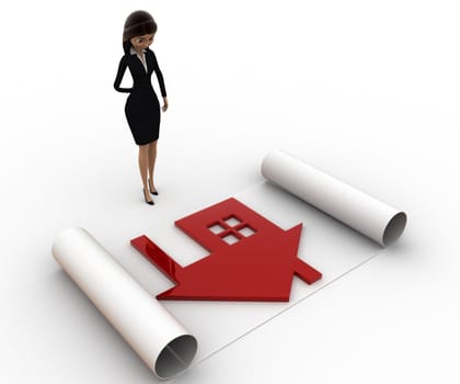 3d woman with house plan on paper scroll concept on white background,  side angle view