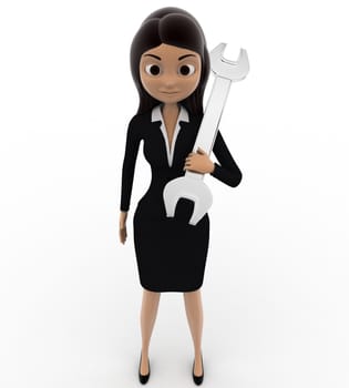 3d woman holding wrench on soulder concept on white background, front angle view