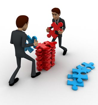 3d man arrange puzzle piece with team work concept on white background, side angle view