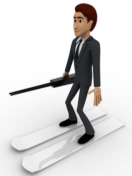 3d man with ski board for sking concept on white background,  side angle view