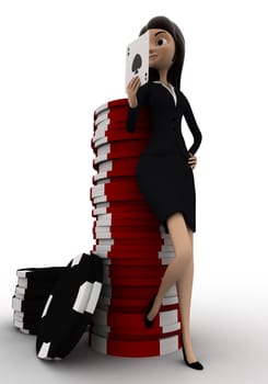 3d woman with casino coin and playing card concept on white background, low angle angle view