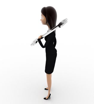 3d woman holding wrench on soulder concept on white background, side angle view