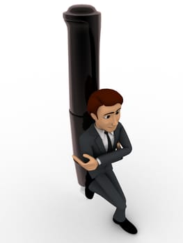 3d man leaning on pen concept on white background, top angle view