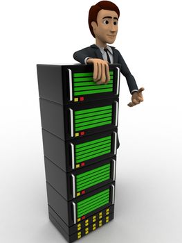 3d man with big server concept on white background,  side angle view