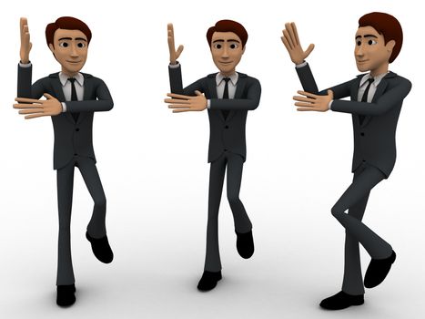 3d three men dancing in rythem concept on white background, front  angle view