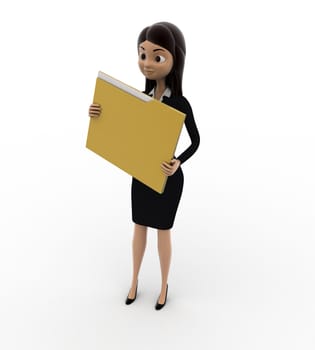 3d woman holding file folder concept on white background, side angle view