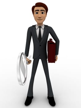 3d man with magnifying glass and briefcase concept on white background, front angle view