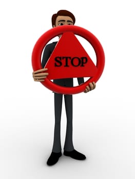 3d man holding stop sign board concept on white background, front angle view