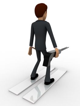 3d man with ski board for sking concept on white background, back angle view